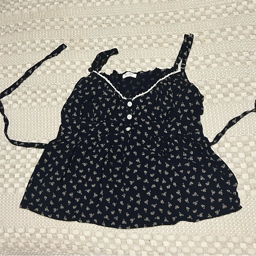 Brandy Melville Navy Floral Tie Tank Top